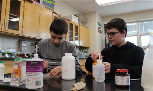 Lennon and Heiber are busy at Science Olympiad practice preparing for the Rocks and Minerals event. 